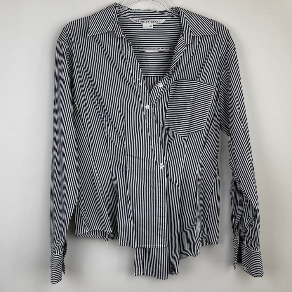 Veronica Beard Rosamund Striped Asymmetrical Wrap Shirt in Charcoal/White Size 8 - Picture 4 of 12